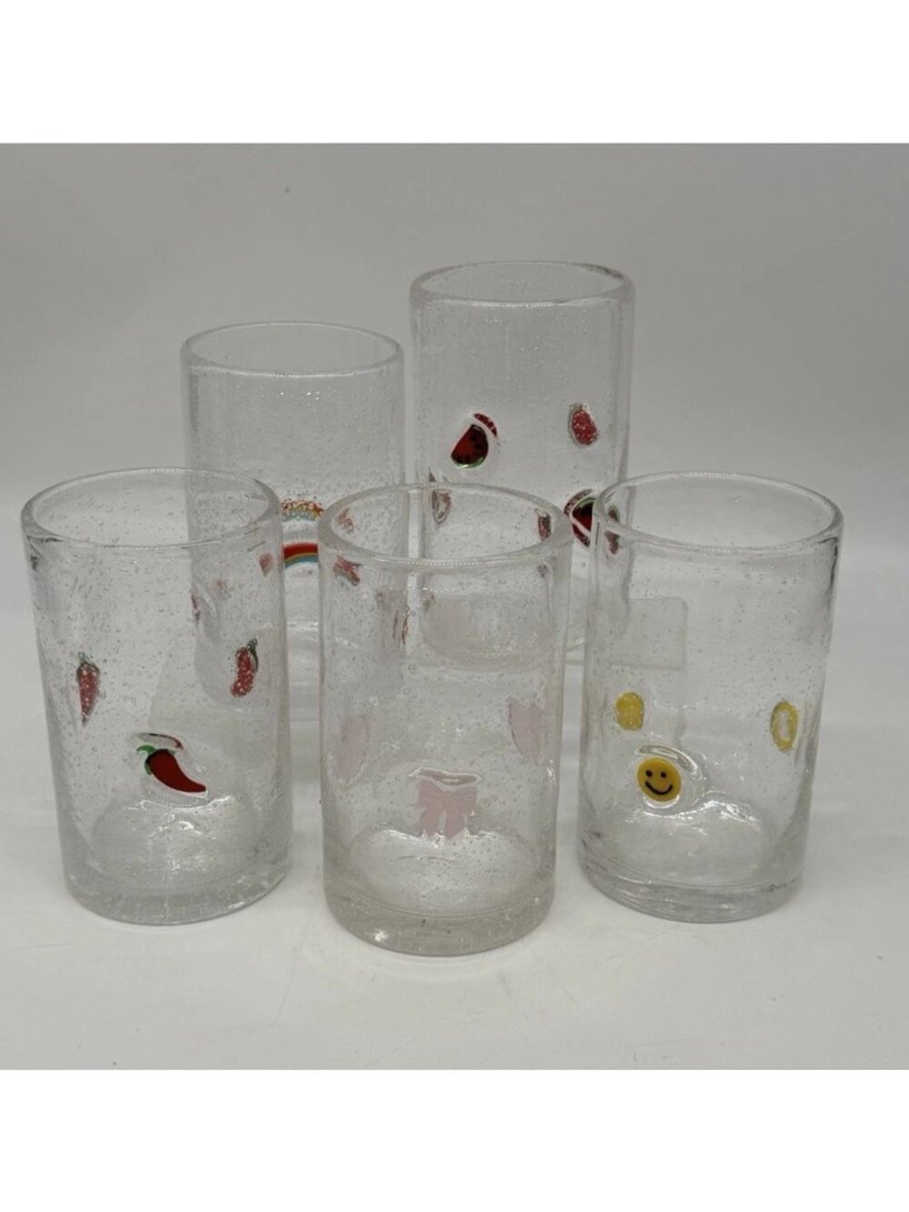 Icon Emoji Bubble Glass Drinking Glasses Tumblers 5” Tall Pepper Rainbow Smiley